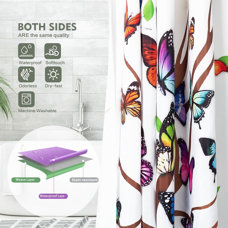 Lokigo Shower Curtain  Tree Shower Curtains for Bathroom  White Fabric Shower Curtain Colorful Floral Leaves Butterfly Shower Curtain Sets  Bathroom Shower Curtain Liner with Hooks 72 x 72 Inches - Image 2